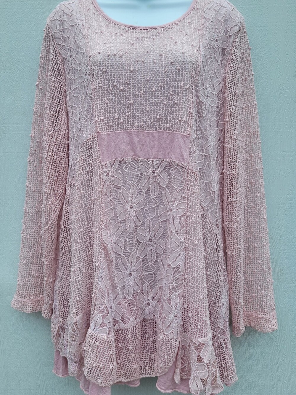 indigo soul Pink Crochet Knit Tunic with Floral Lace Panels XL